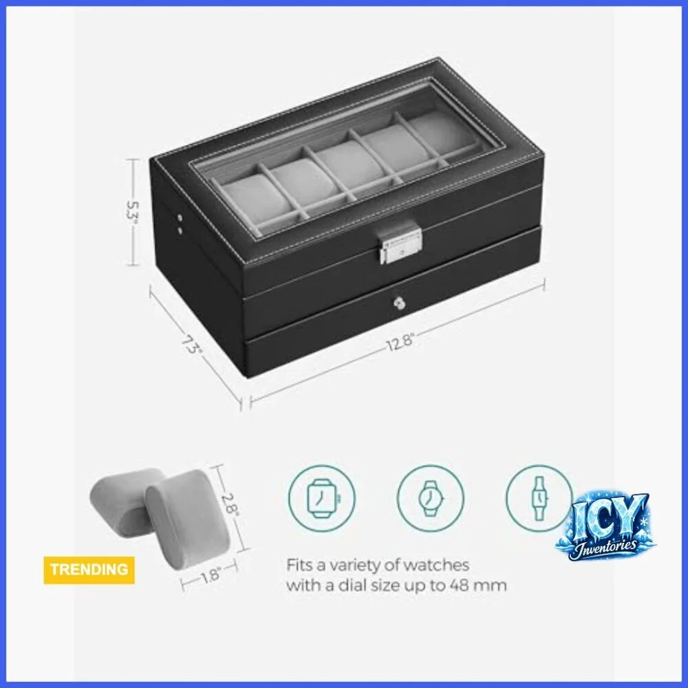 Watch Box Organizer with Glass Lid, 12 Slots, Removable Pillows, Metal Lock